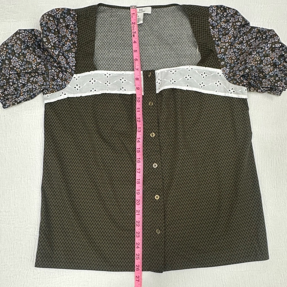 Halston Heritage Green Buttoned Front Blouse with floral puff sleeves NEW - Picture 8 of 9